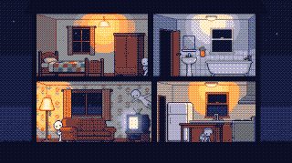 Illustration, after: a furnished house with wallpaper, sofa, kitchen and bedroom, figurines hiding in odd poses.