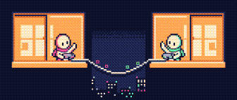 Illustration: two lit windows across a street, joined by a cable with glowing packets, a figurine waving in each.